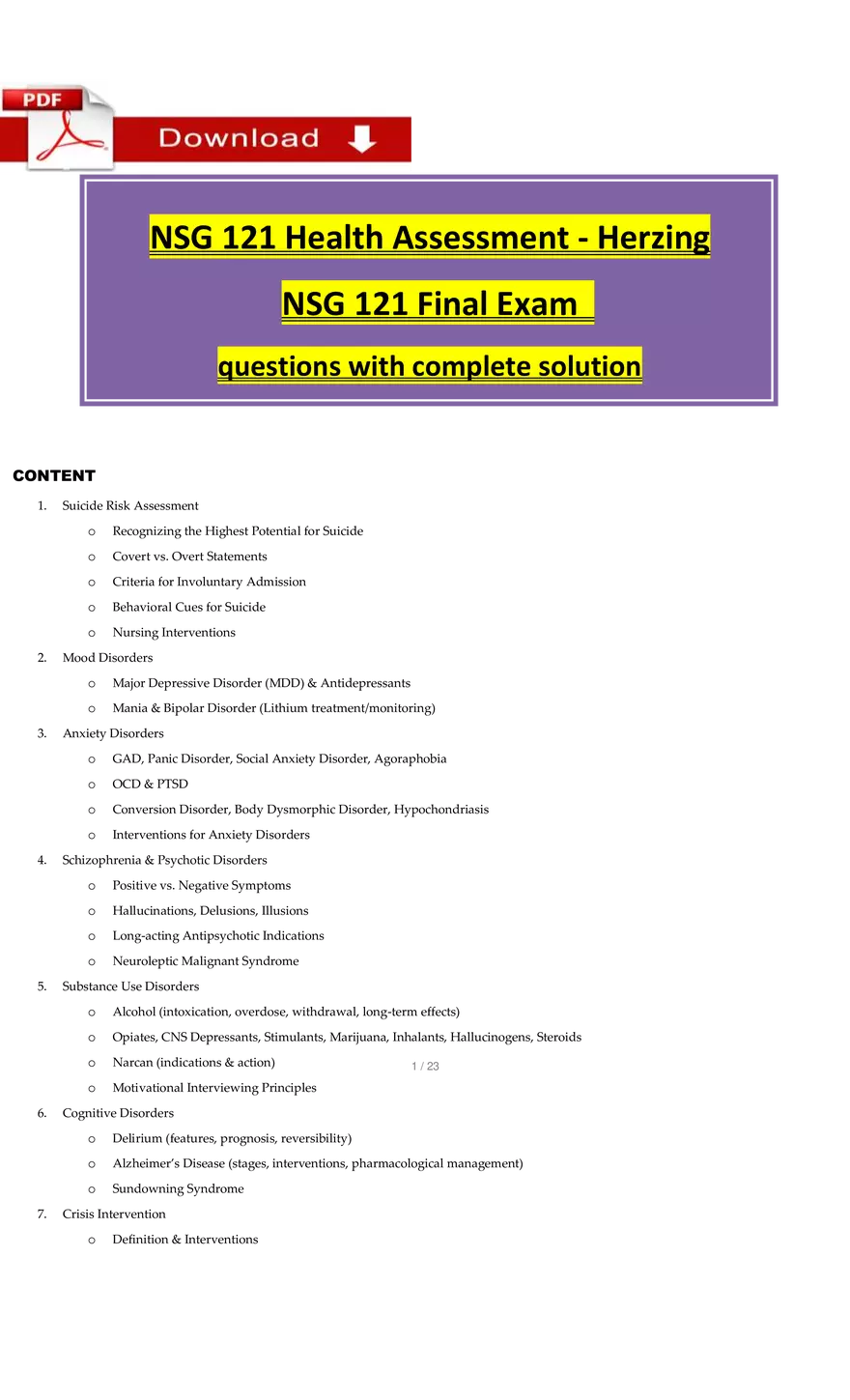 NSG 121 Final Exam Questions With Complete Solution - Page 1