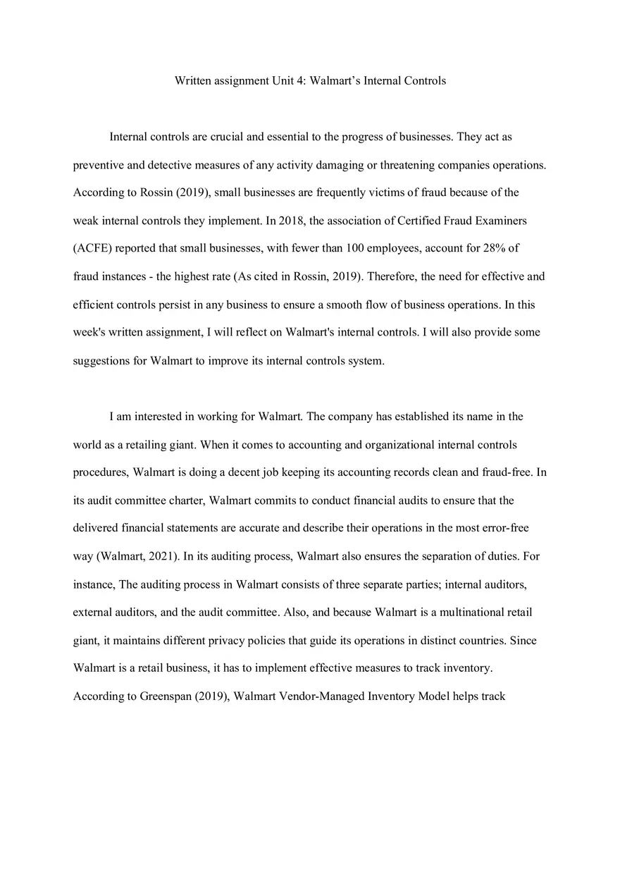 Written Assignment Unit 4 Walmart's Internal Controls - Page 1