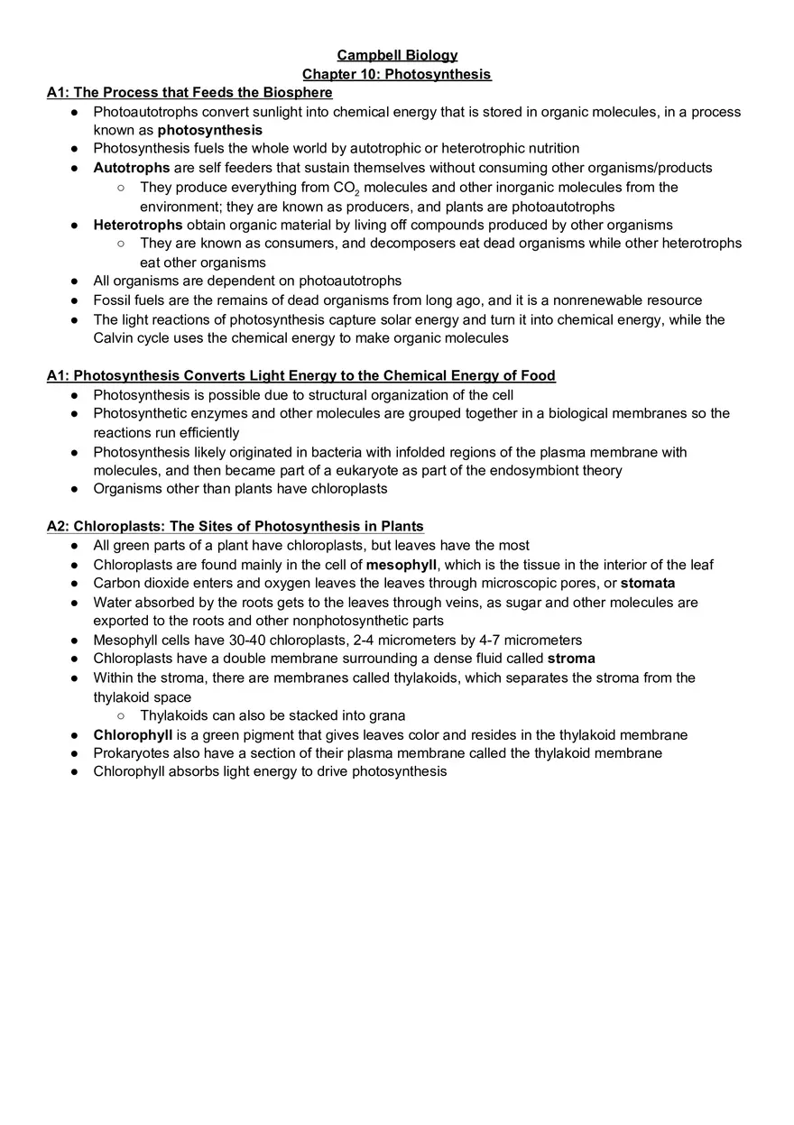 Campbell Biology Chapter 10 Photosynthesis - Page 1