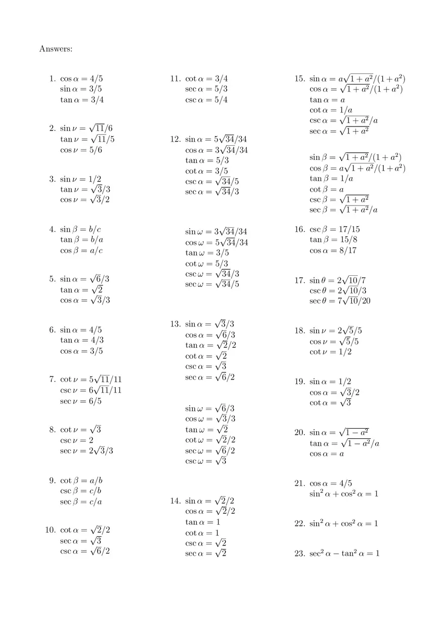 Trigonometry Practice Problems with Answers - Page 1