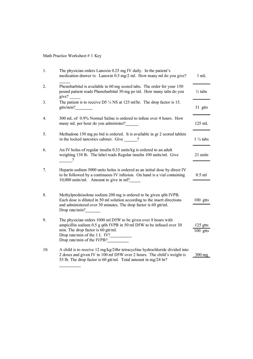 Math Practice Worksheet 1 Key - Page 1