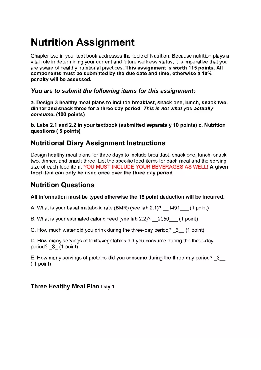 Nutrition Assignment for Fitness and Wellness - Page 1