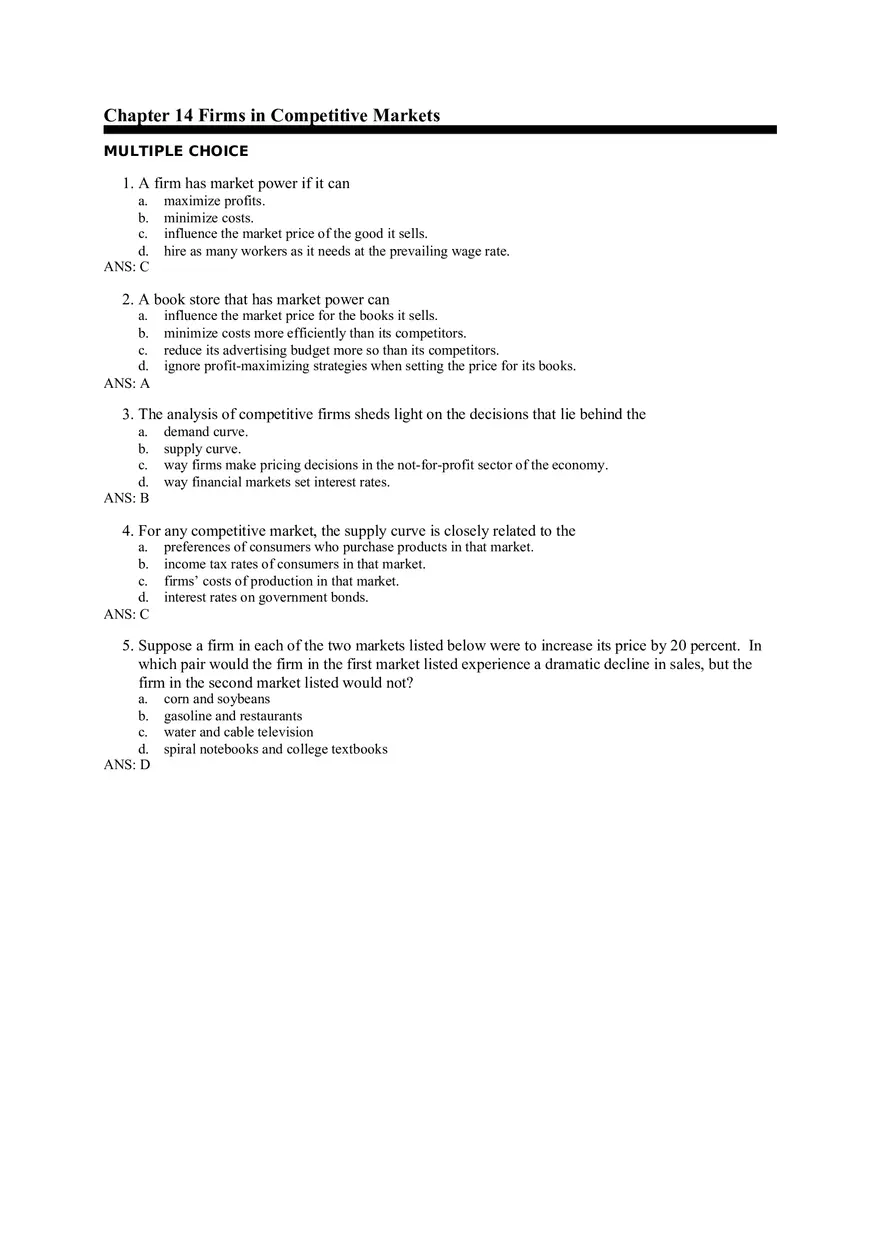 Chapter 14 Firms in Competitive Markets Answer Key Part 1 - Page 1