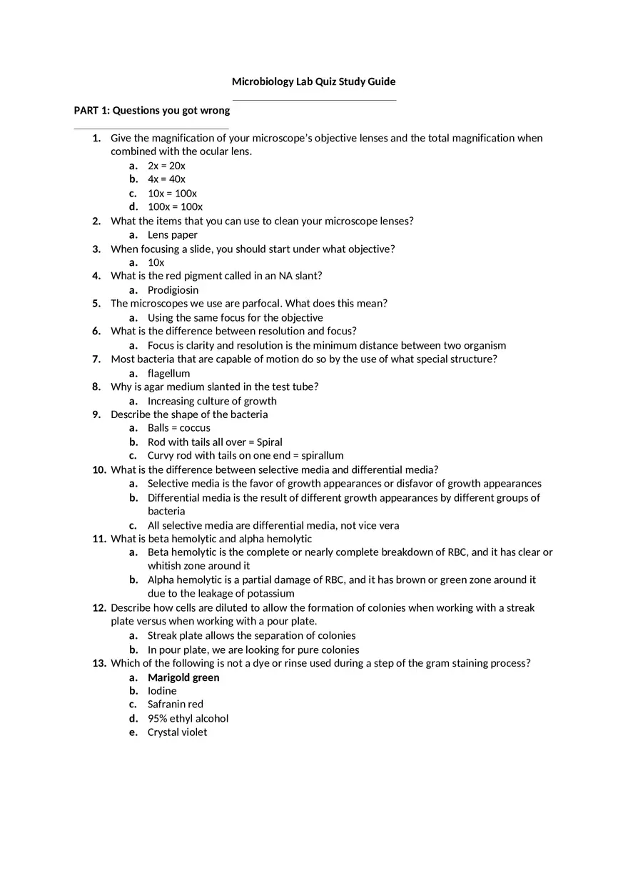 Microbiology Lab 26 Quiz Study Guide - Page 1
