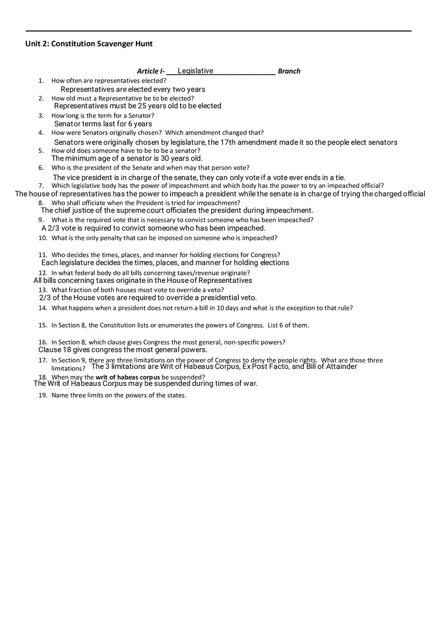 Constitution Scavenger Hunt - Understanding the Legislative Branch - Page 1