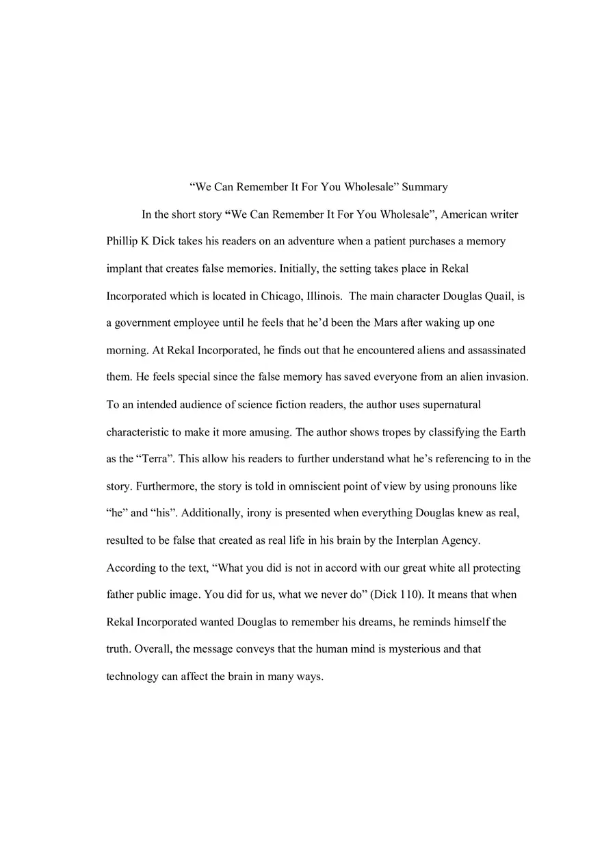 “We Can Remember It For You Wholesale” Summary - Page 1