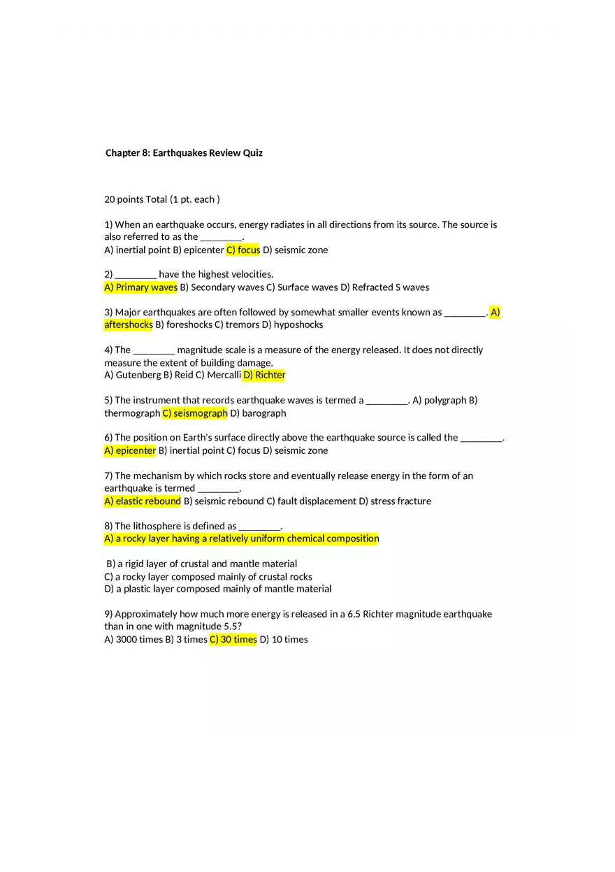 Earthquakes Review Quiz - Page 1
