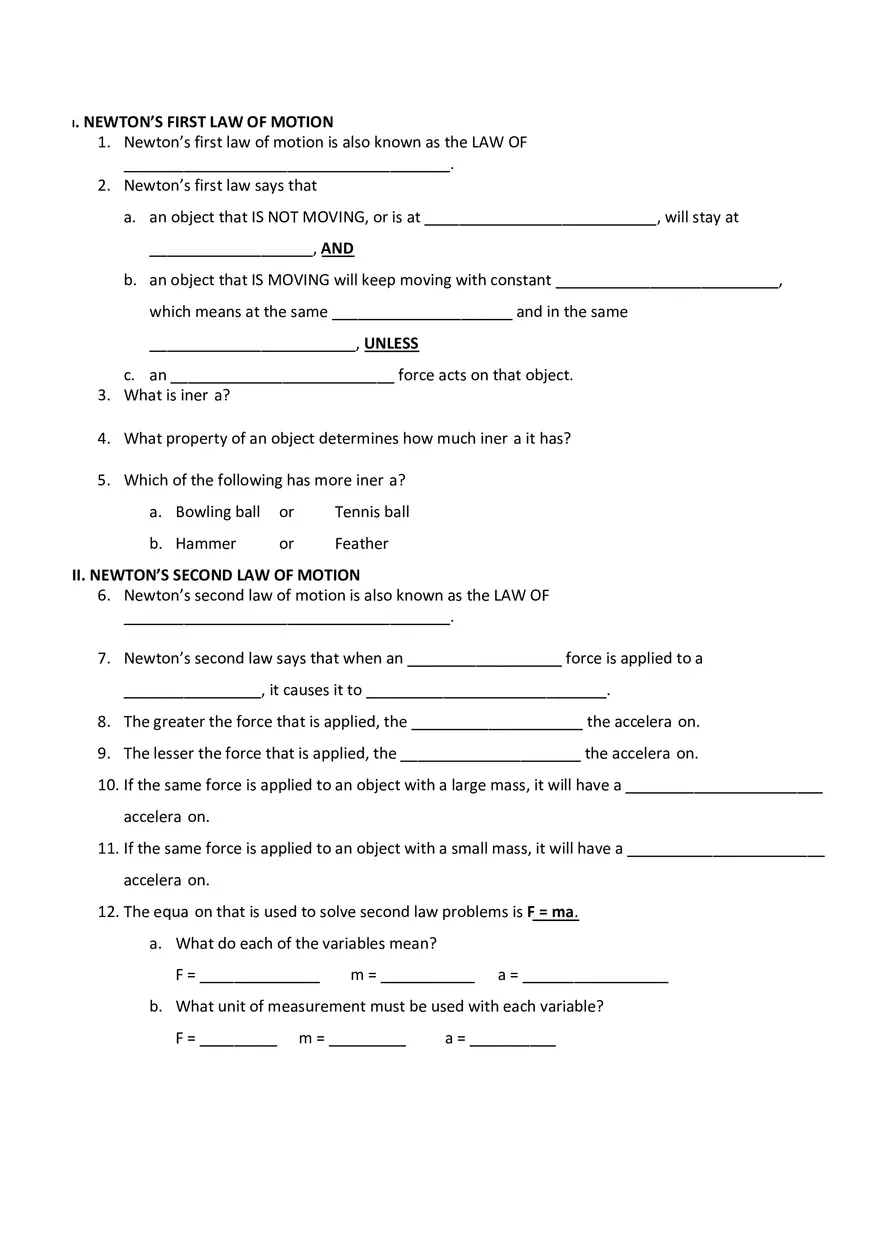 Newton's Laws Worksheet Assignment - Page 1