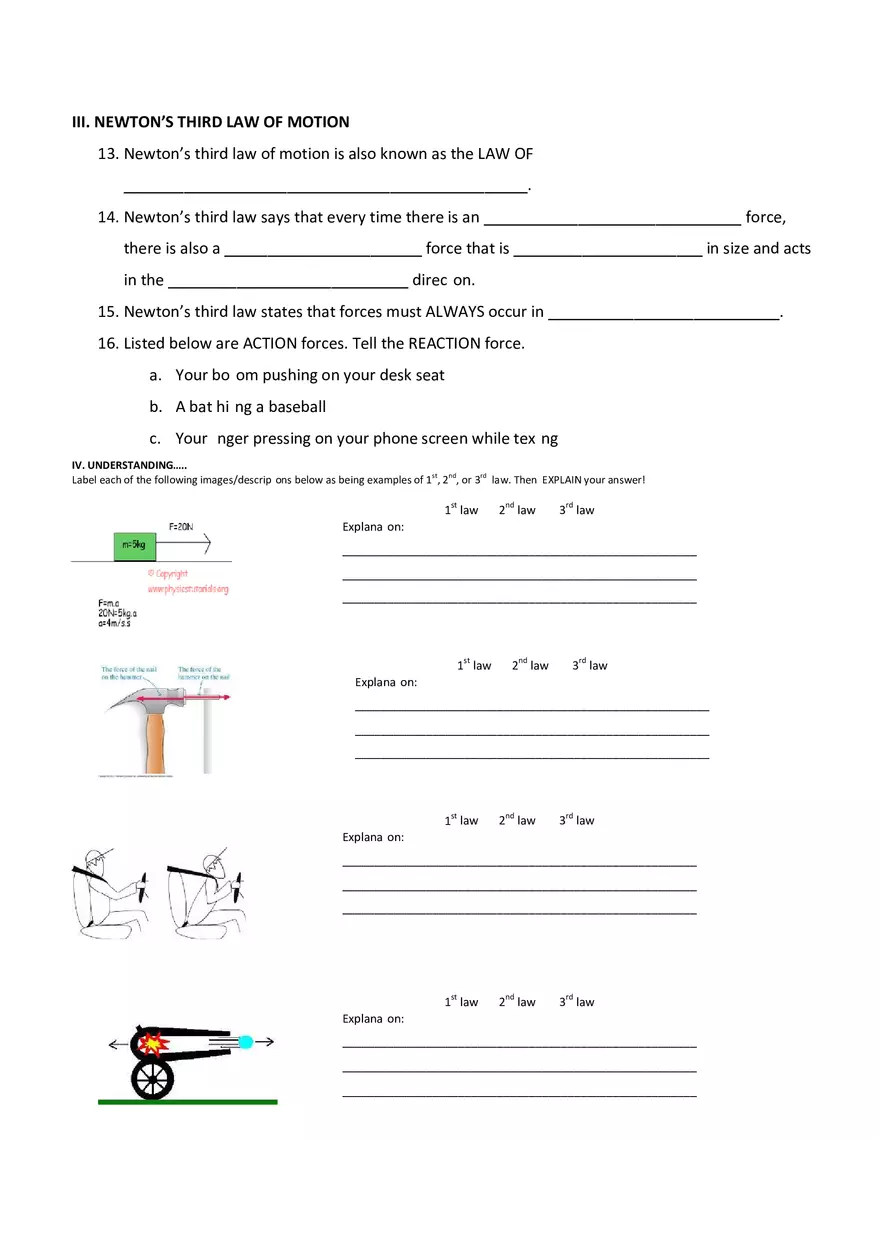 Newton's Laws Worksheet Assignment - Page 3