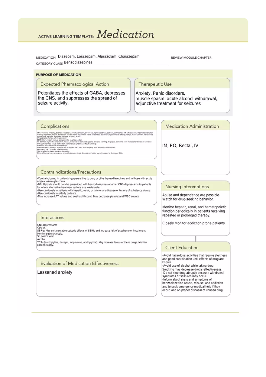 ATI Med Template - Diazepam, Lorazepam - Page 1