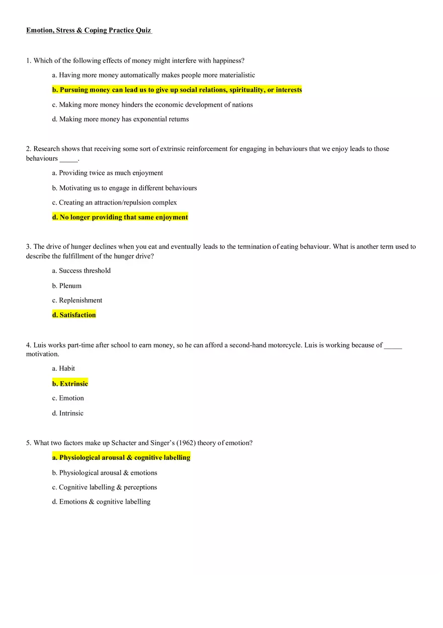 Emotion, Stress and Coping Practice Quiz - Page 1