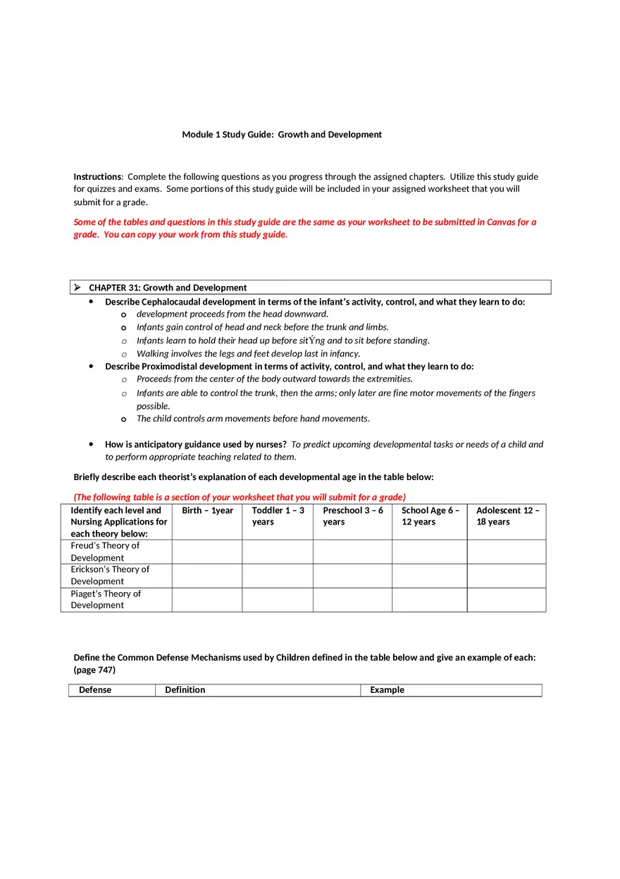 Growth and Development Module 1 Study Guide - Page 1