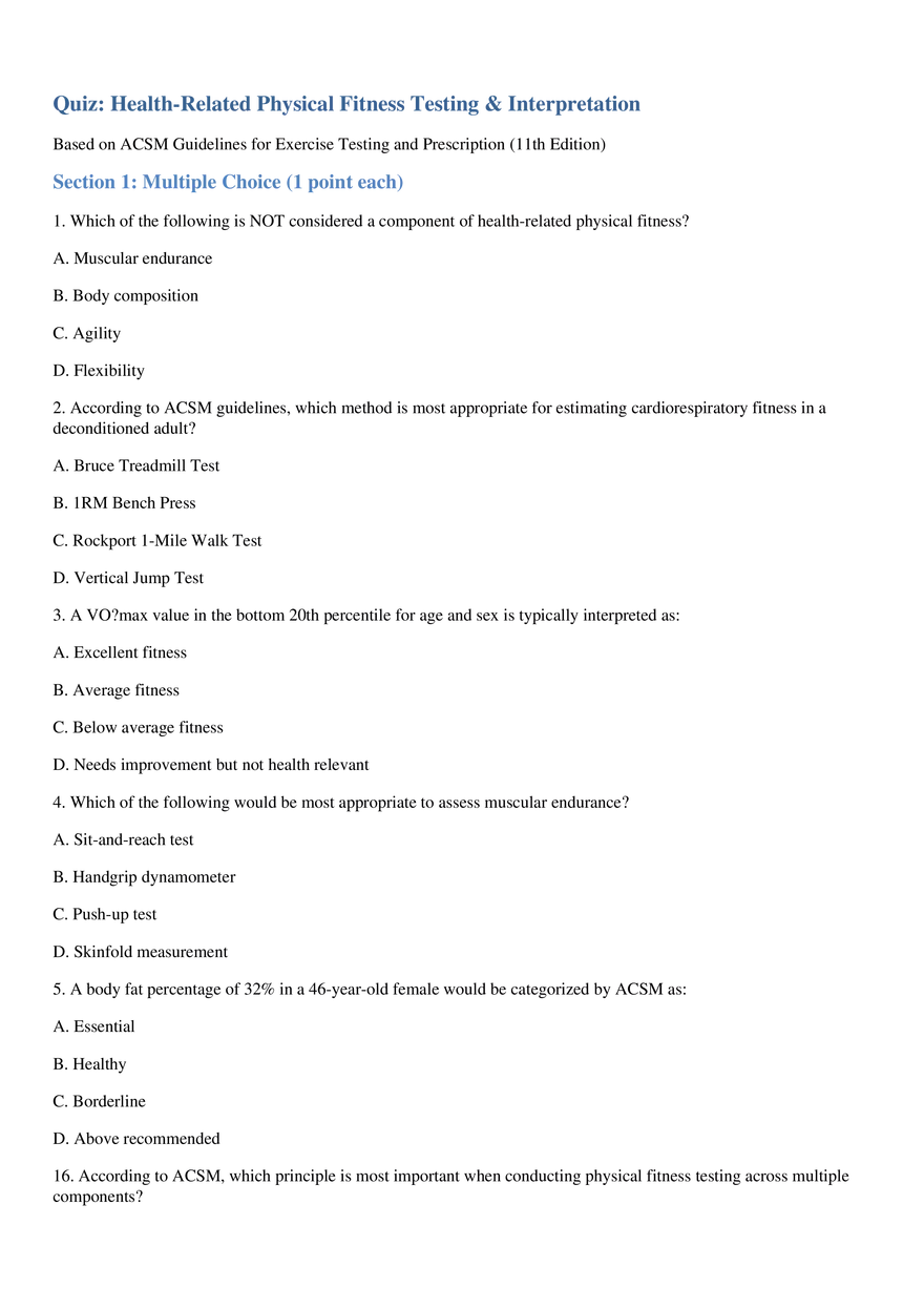 ACSM Fitness Testing Quiz - Page 1