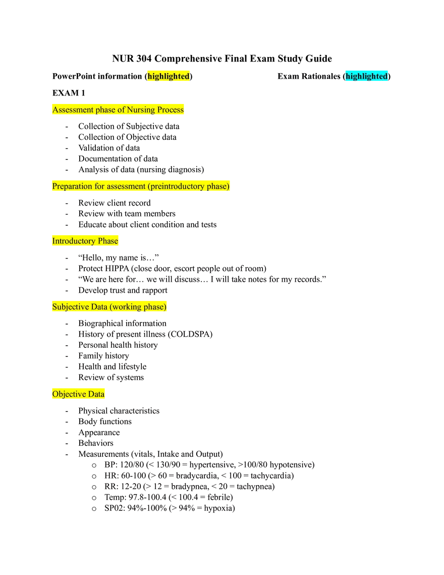 NUR 304 Comprehensive Final Exam Study Guide - Page 1