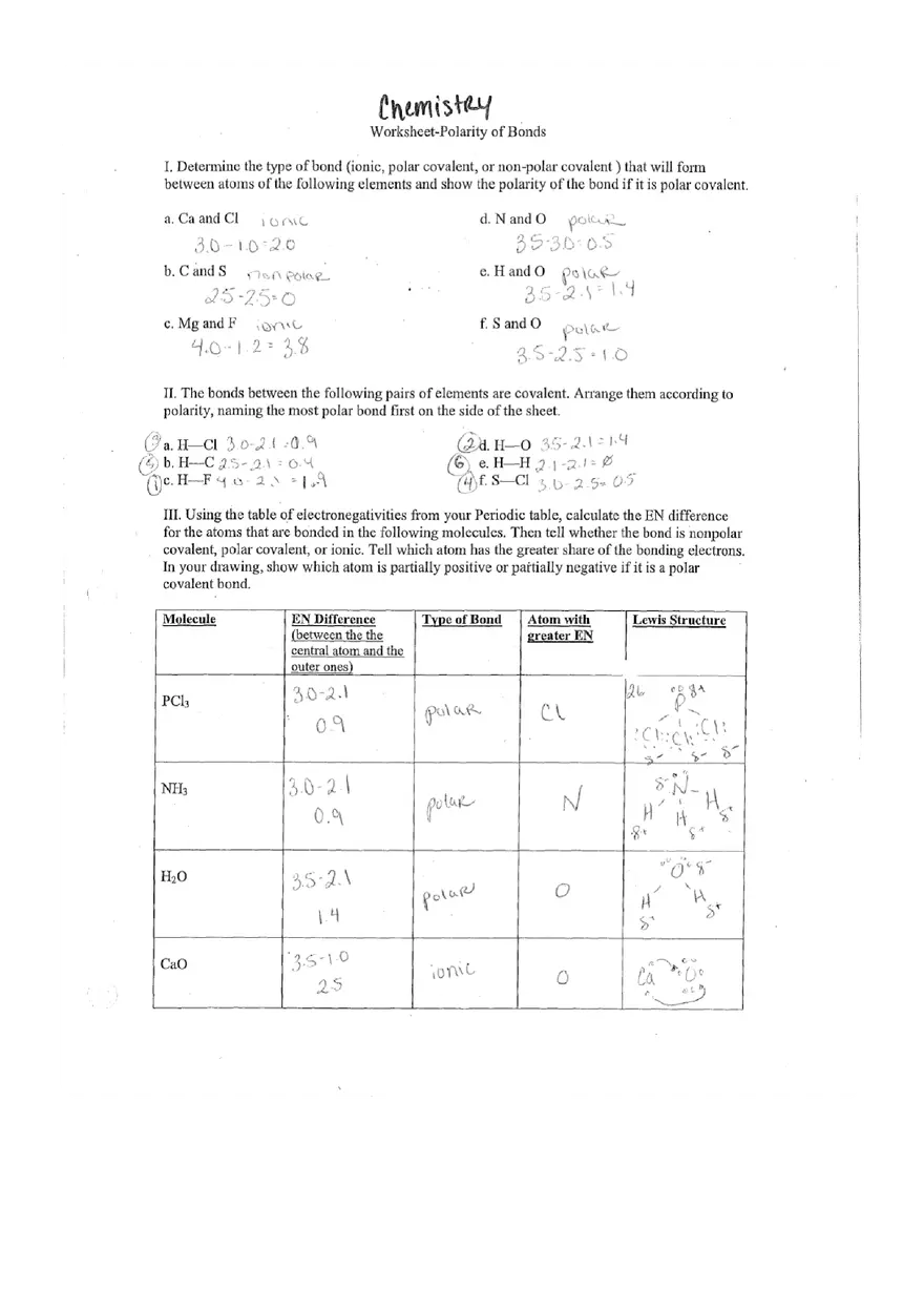 Worksheet Polarity of Bonds Worksheet - Page 1
