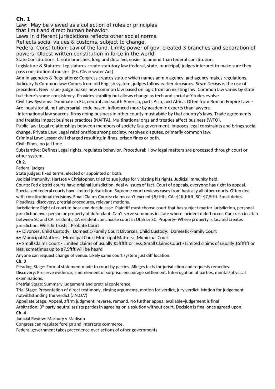 Law Test 1 Cheat Sheet - Page 1