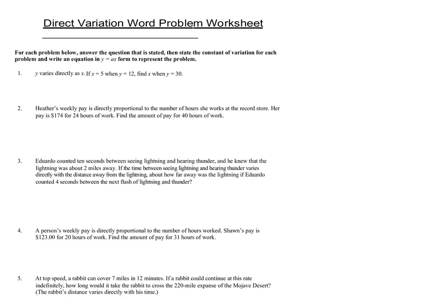Direct Variation Word Problems Worksheet - Page 1