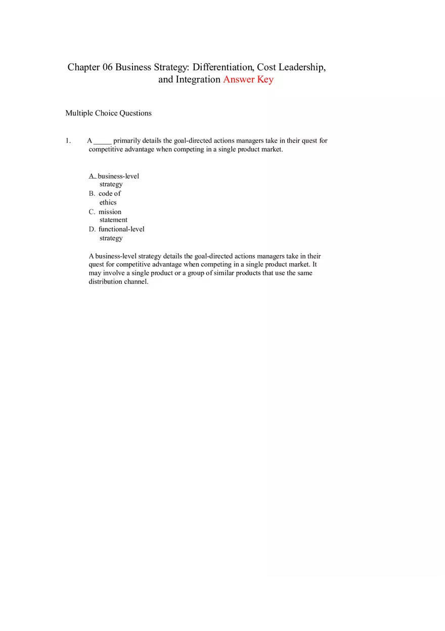Differentiation, Cost Leadership, and Integration Answer Key Part 1 - Page 1