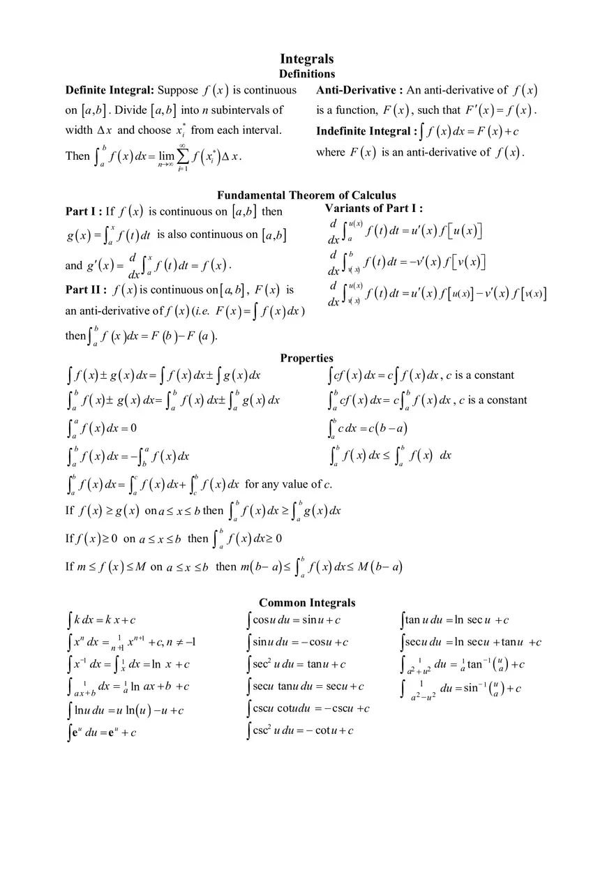 Calculus Cheat Sheet Integrals - Page 1
