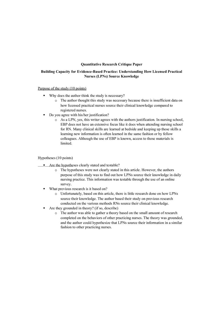 Quantitative Research Critique Paper - Page 1