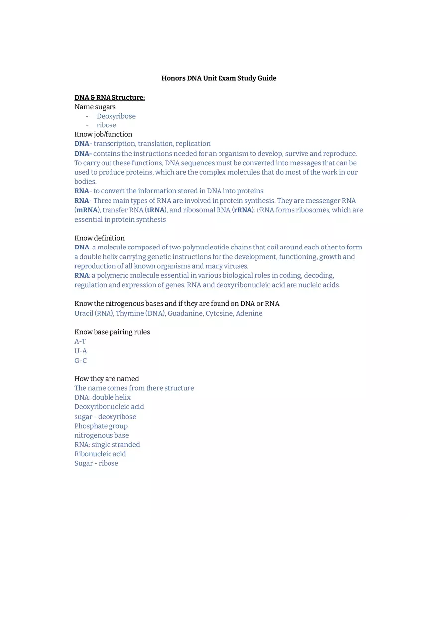 Honors DNA Unit Exam Study Guide - Page 1