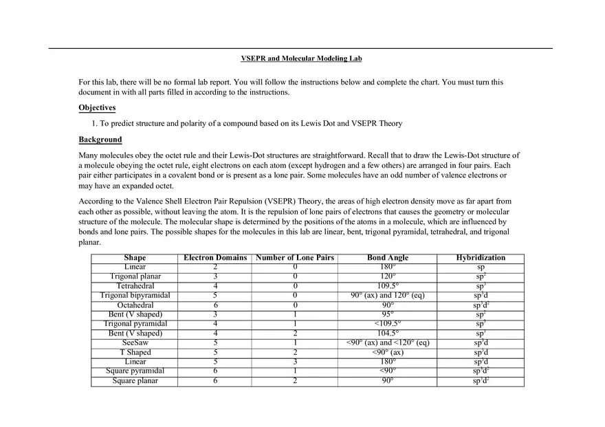 VSEPR and Molecular Modeling Lab - Page 1