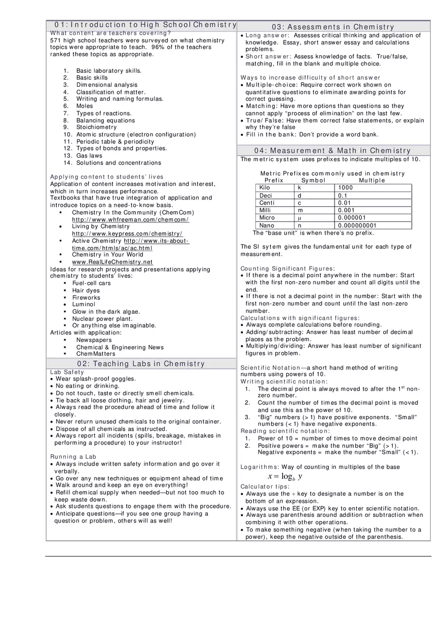 Teaching High School Chemistry Cheat Sheet - Page 1