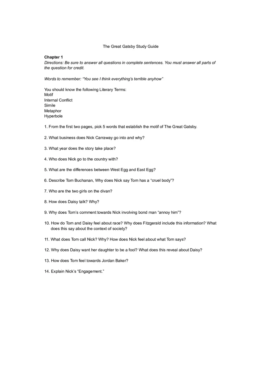The Great Gatsby Study Guide - Page 1
