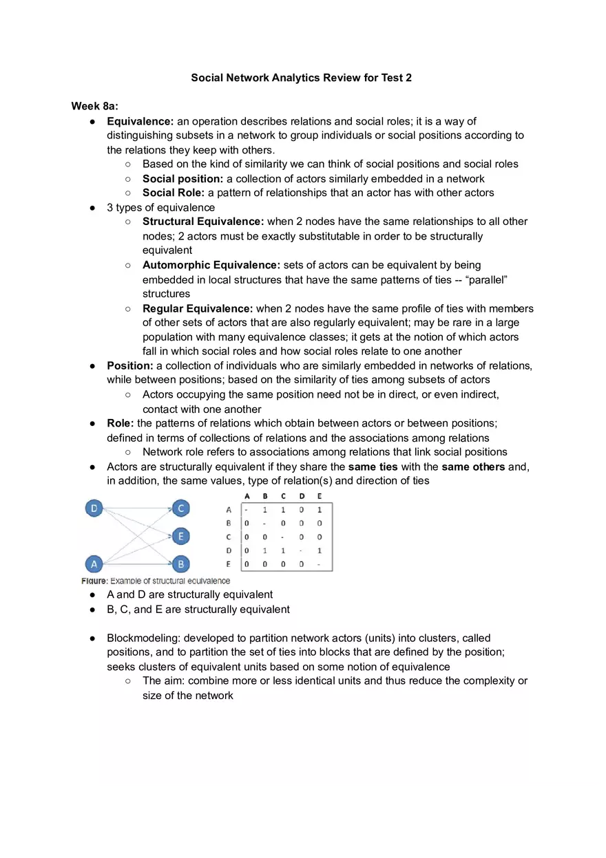 Social Network Analytics Review for Test 2 Part 1 - Page 1