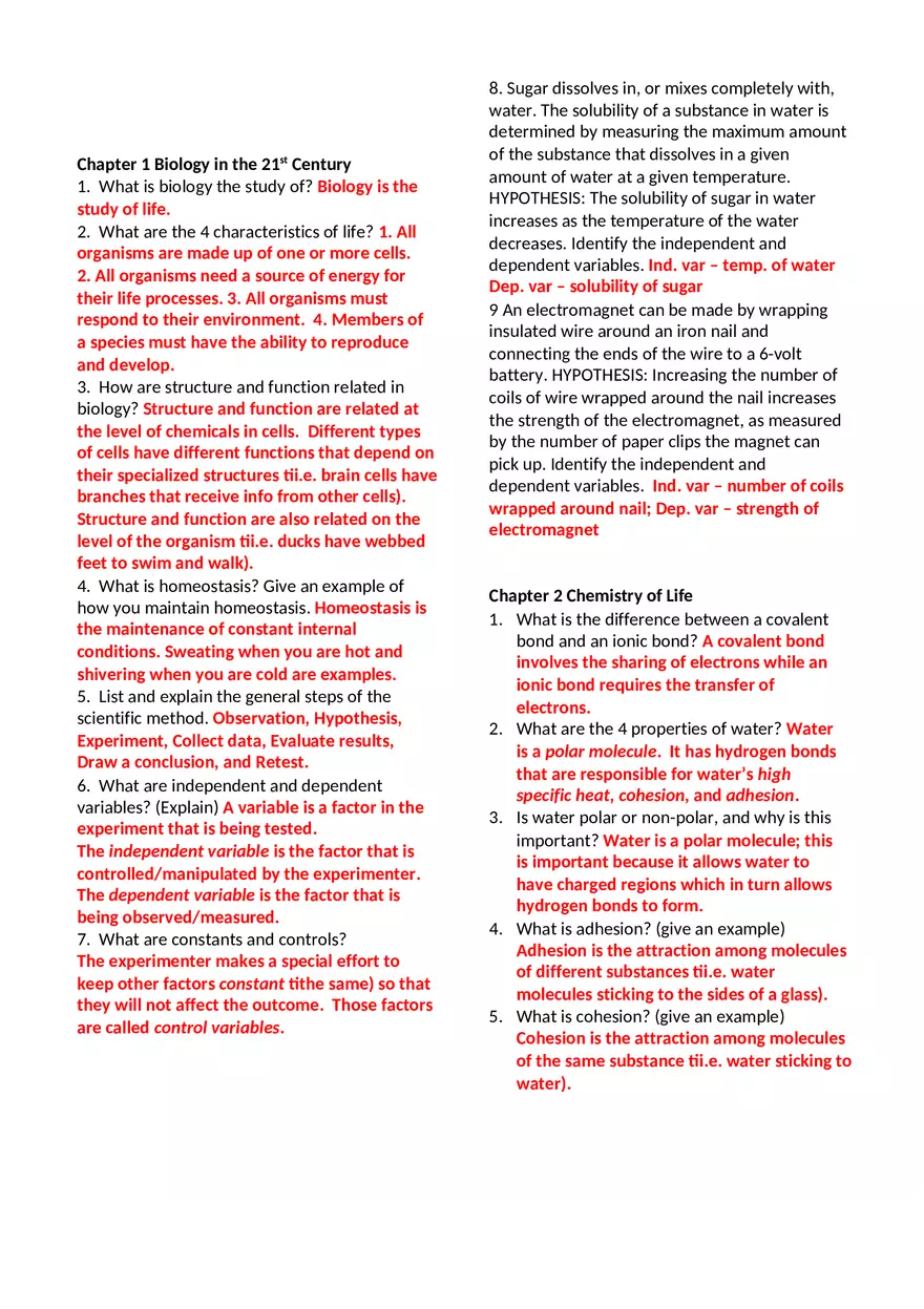 Biology Semester 1 Final Exam Study Guide Answer KeyTest Yourself - Page 1