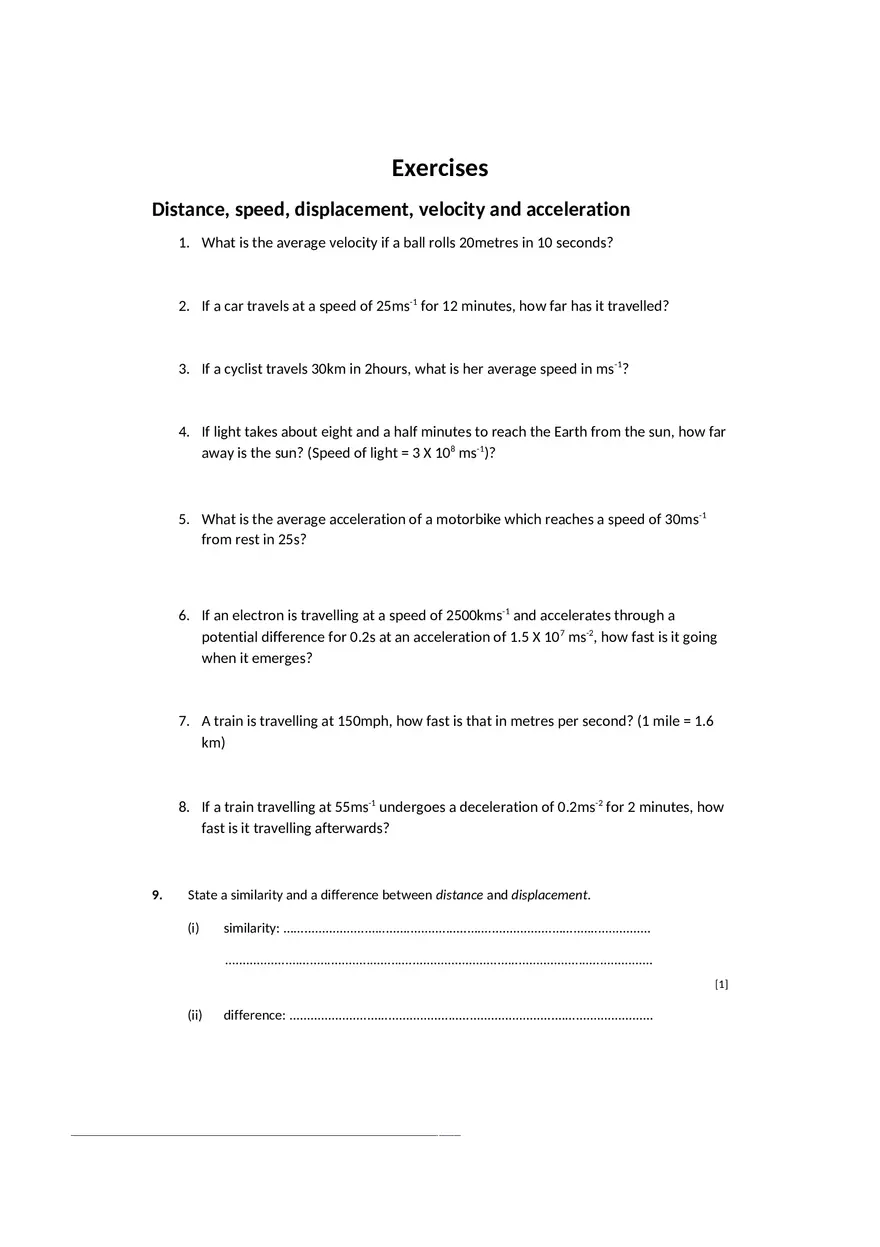Exercises - Distance, Speed, Displacement, Velocity and Acceleration - Page 1