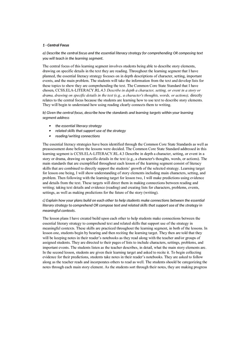 Planning Commentary Elementary Literacy - Page 1