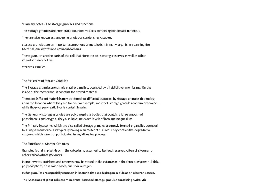 Summary Notes - The Storage Granules and Functions - Page 1