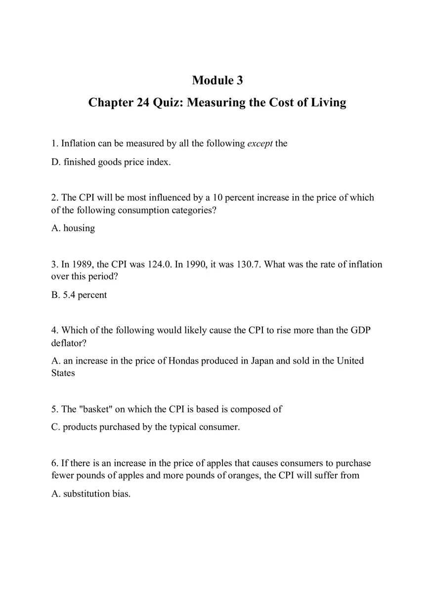 Chapter 24 Quiz Measuring the Cost of Living - Page 1