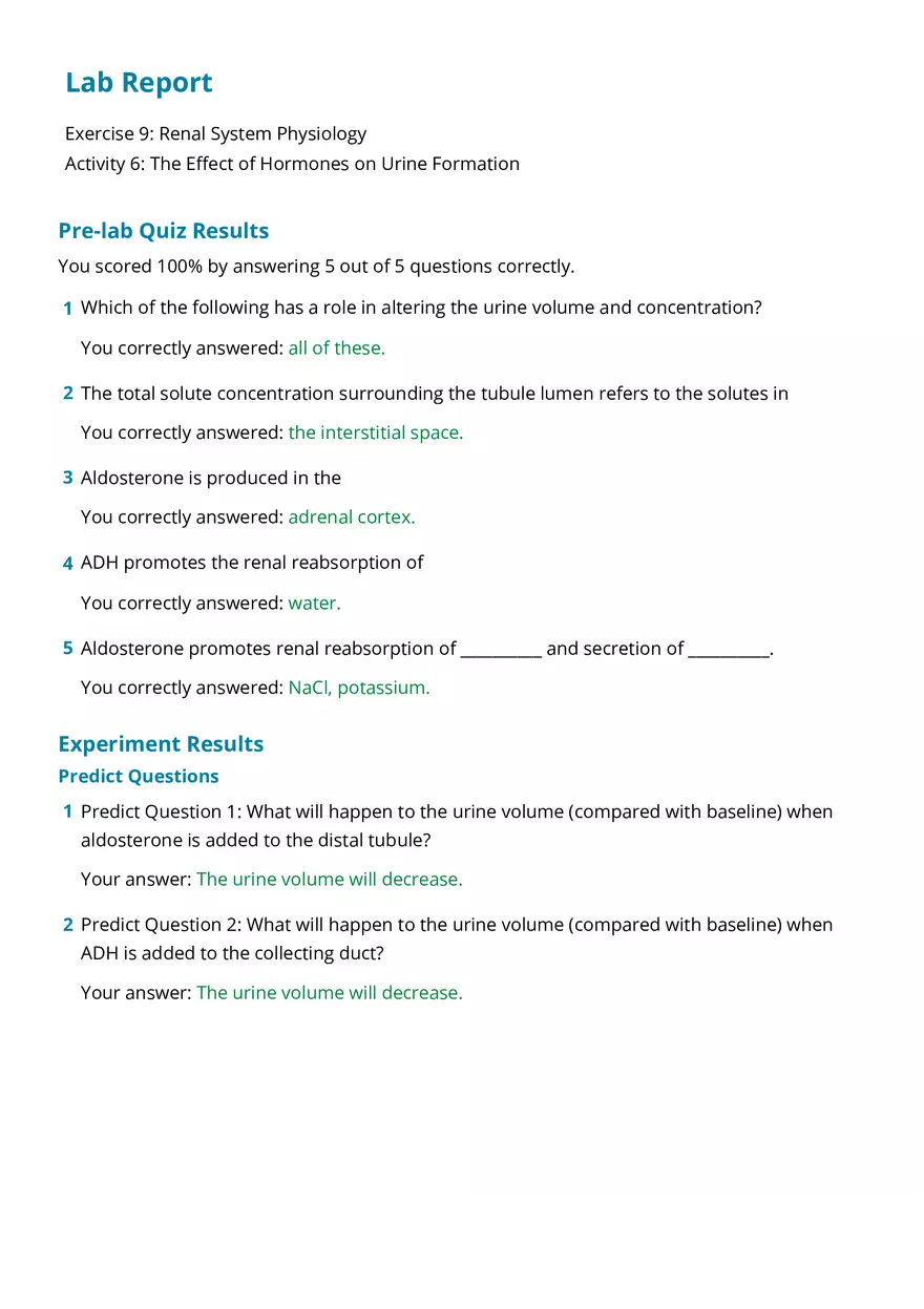 Exercise 9 The Eﬀect of Hormones on Urine Formation - Page 1