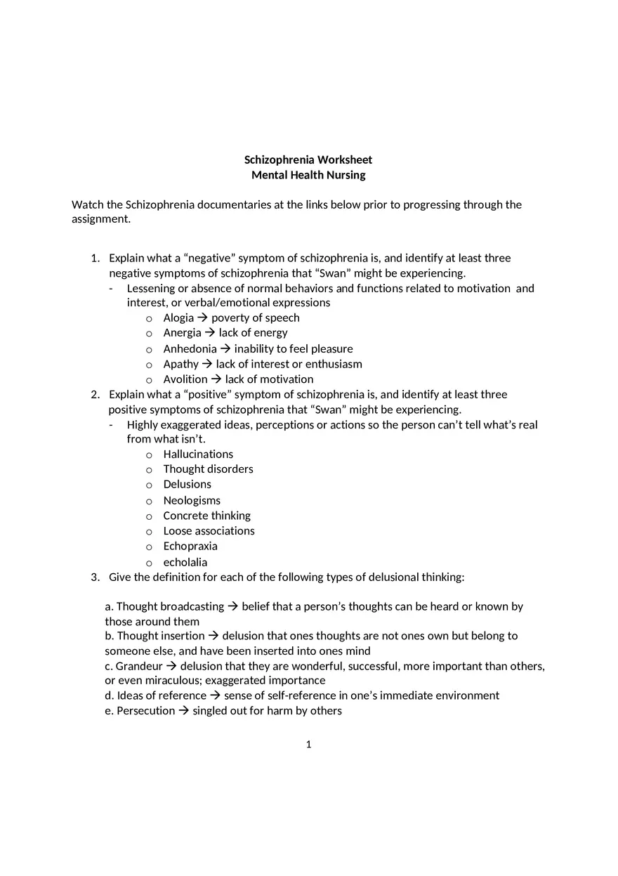 Schizophrenia Worksheet Term 2 - Page 1