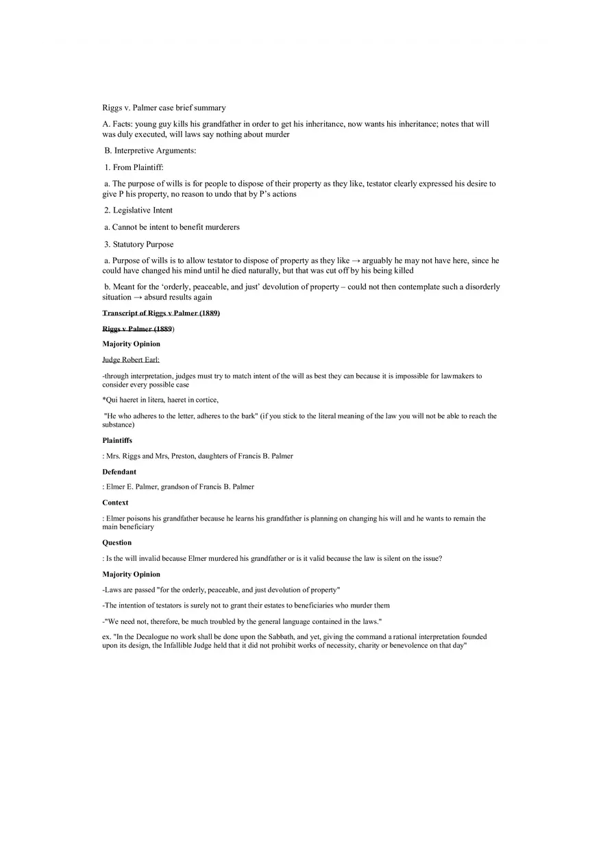 Riggs v Palmer Case Summary - Page 1