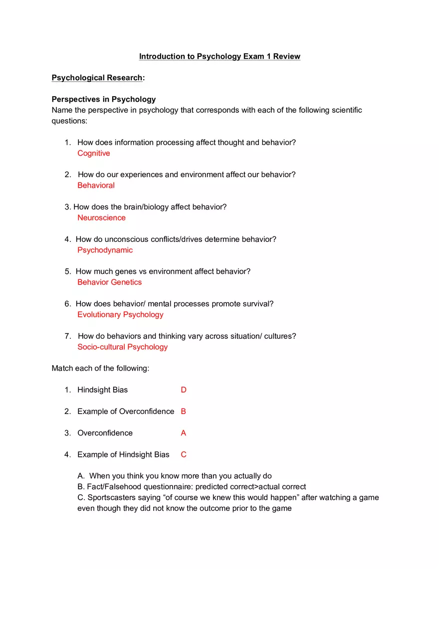 Introduction to Elementary Psychology Exam 1 Review - Page 1