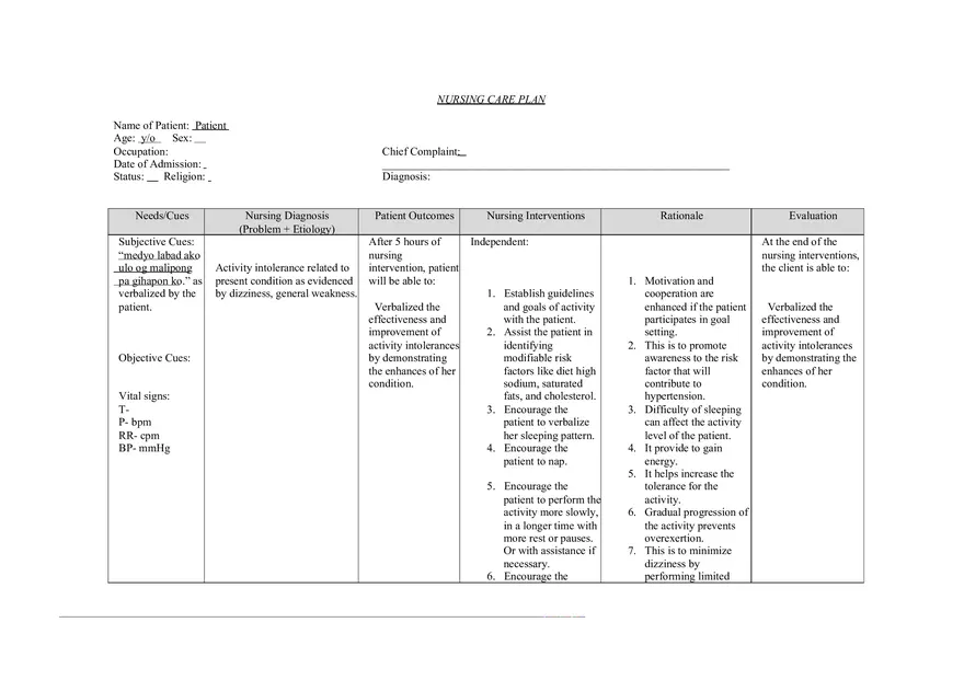 Activity Intolerance Related to Present Condition - Page 1