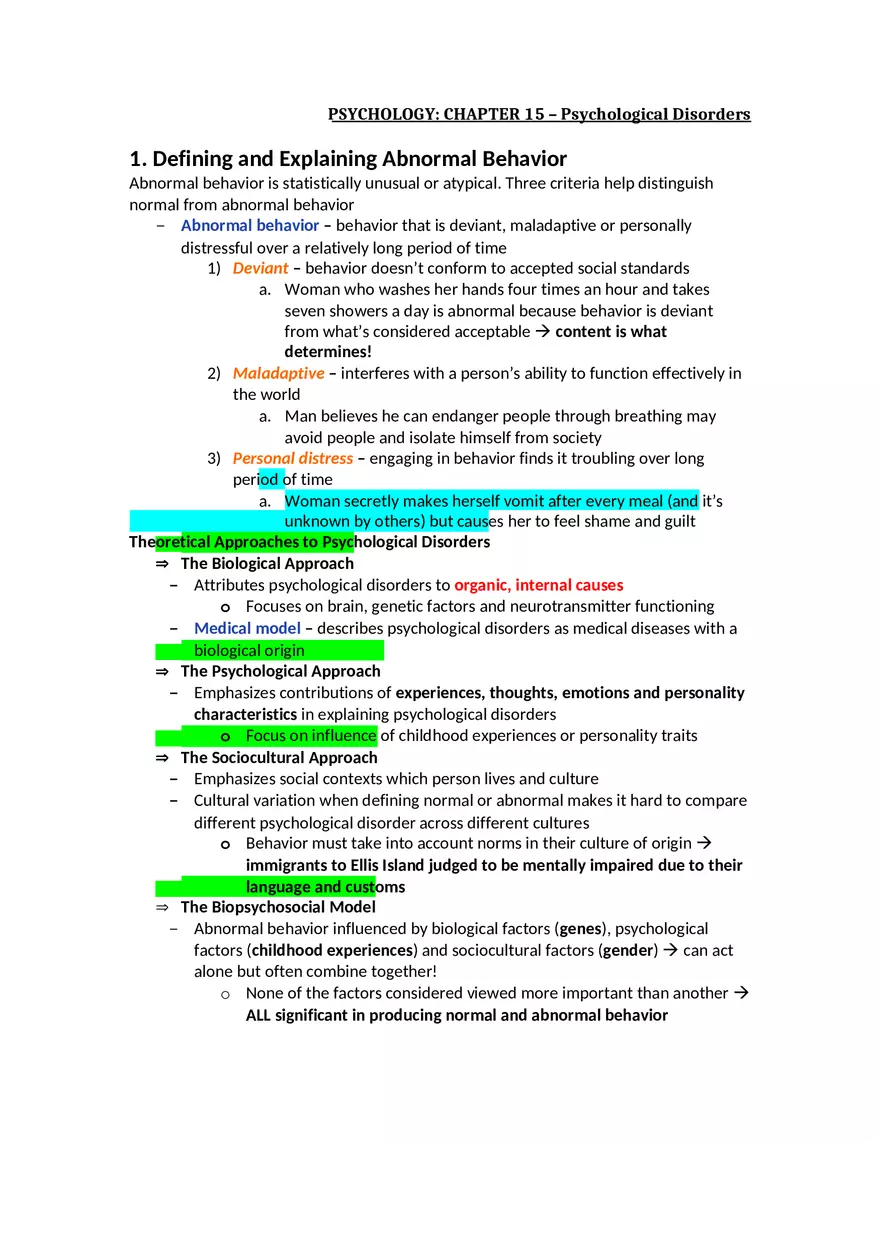 Chapter 15 Notes - Psychological Disorders - Page 1