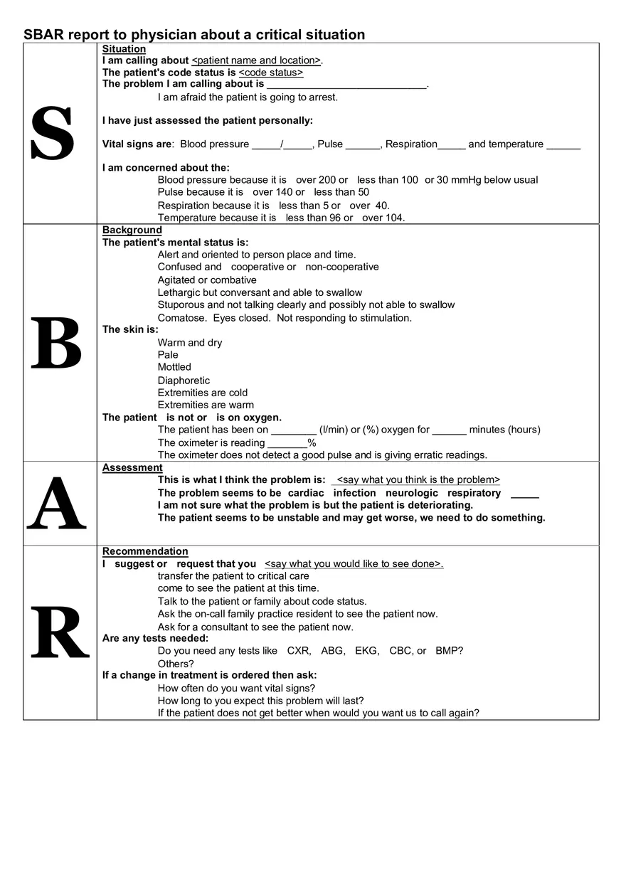 SBAR Report to Physician About a Critical Situation - Page 1