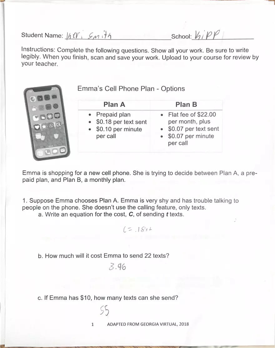 Emma's Cell Phone Plan - Options - Page 1