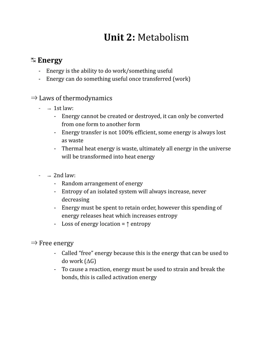 Unit 2 - Metabolism Notes - Page 1