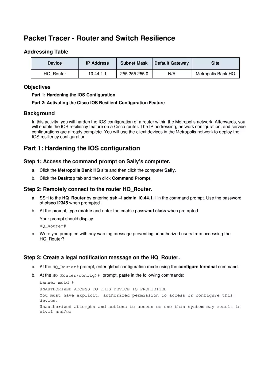 Packet Tracer - Router and Switch Resilience - Page 1