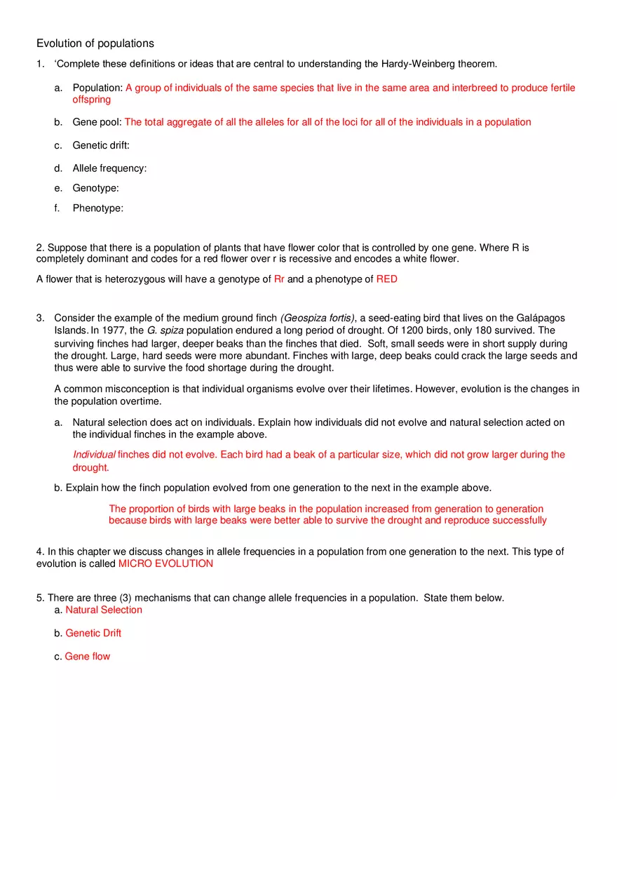 Evolution of Populations Study Guide - Answer Key - Page 1
