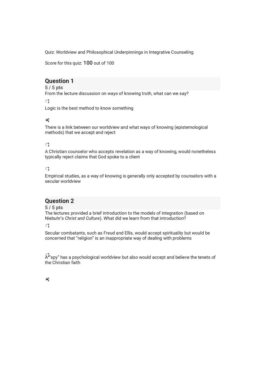 Quiz Worldview and Philosophical Underpinnings in Integrative Counseling Part 1 - Page 1