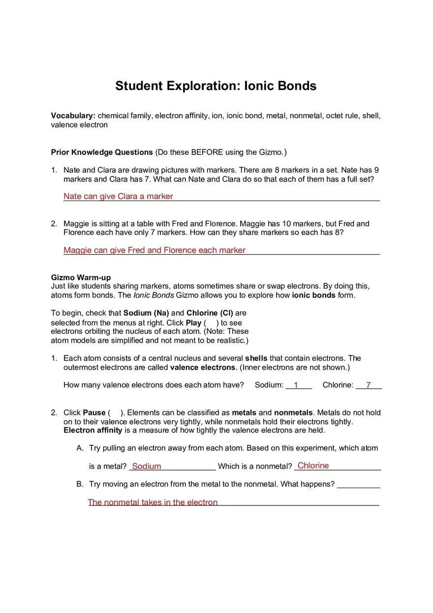 Ionic Bonds Answer Key - Page 1