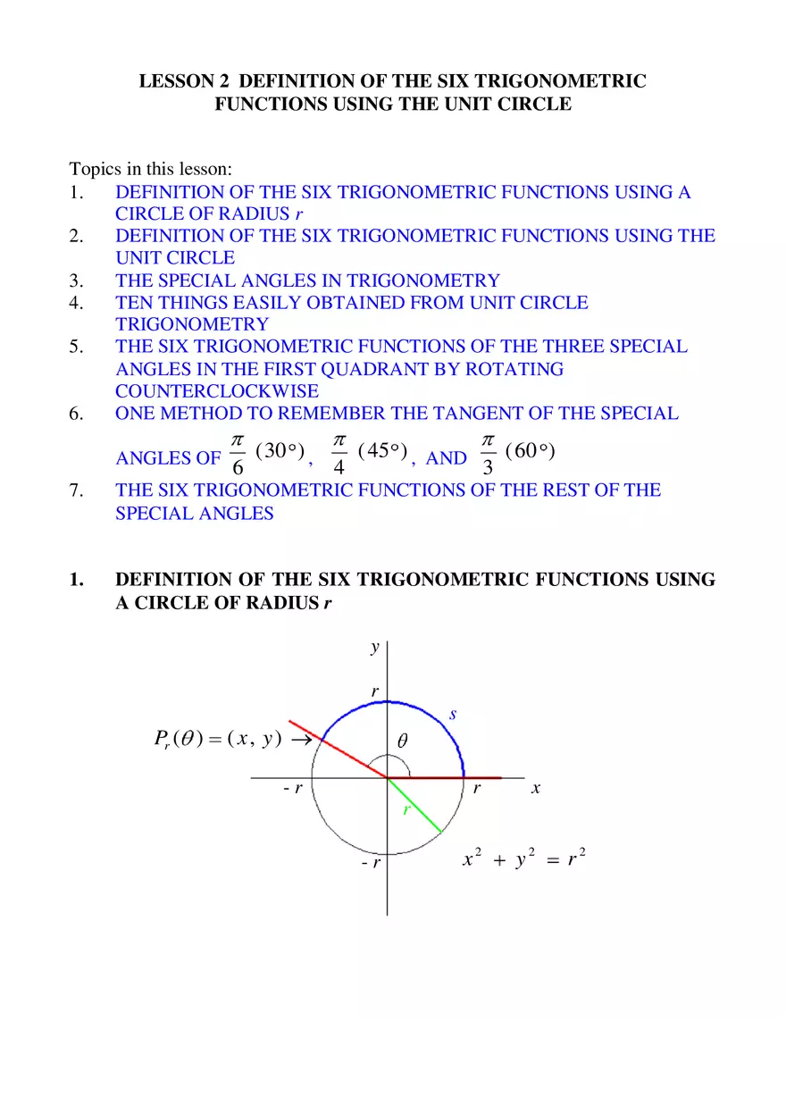 Definition Of The Six Trigonometric Functions Notes - Page 1