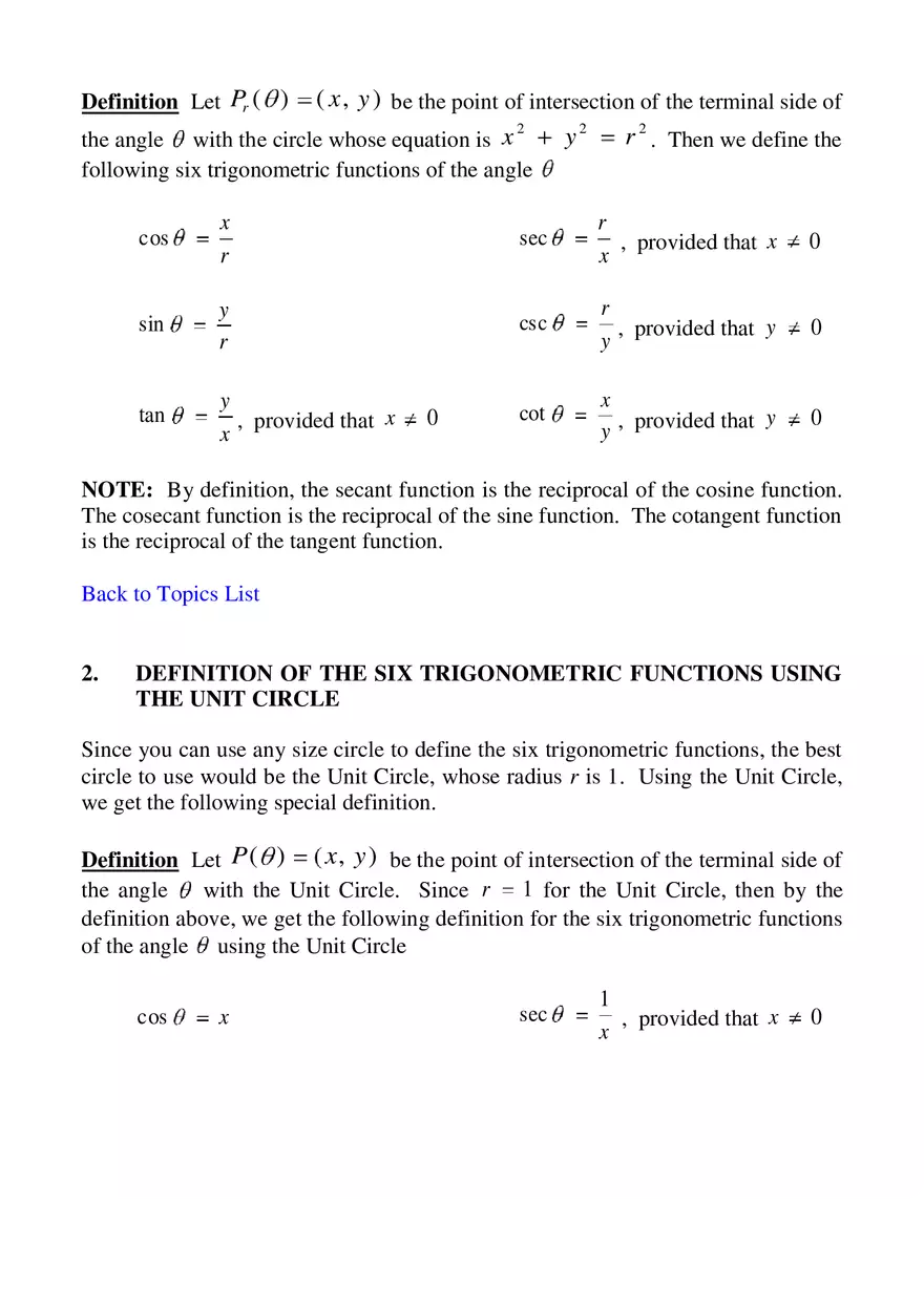 Definition Of The Six Trigonometric Functions Notes - Page 2