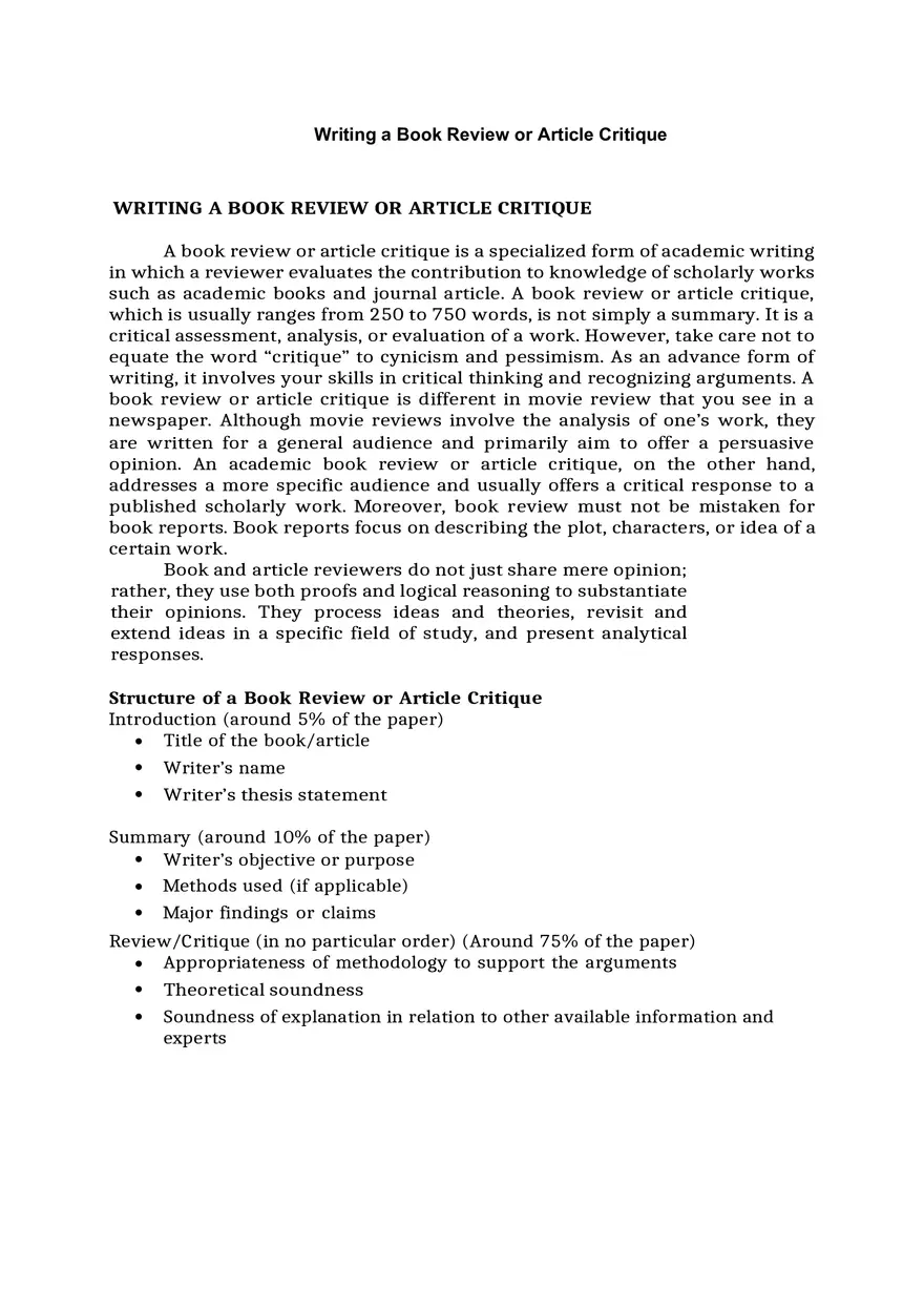Writing a Book Review or Article Critique - Page 1